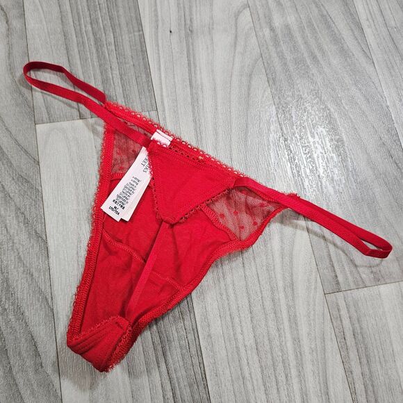 Victoria's Secret Red Stretch Cotton Polka Dot Mesh V-String Panty - Picture 2 of 3